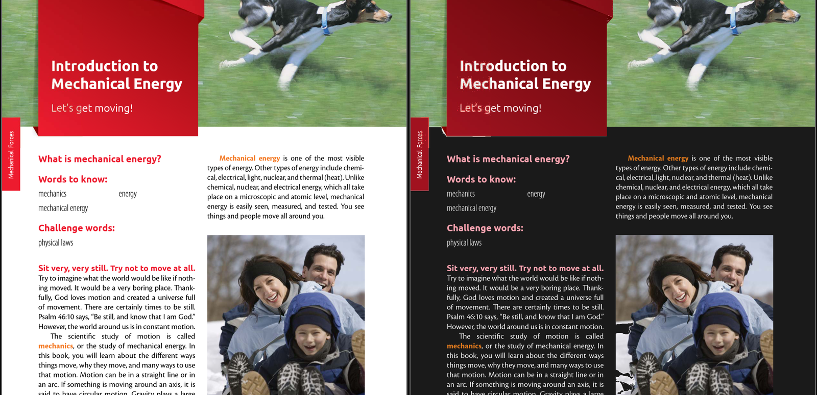 Access-a-Reader showing a PDF page in dark mode: light text on a dark page with the coloured photo unchanged, a yellow highlight across one sentence, a blue pen squiggle under the heading, and a yellow note that reads Read this part again before Friday.
