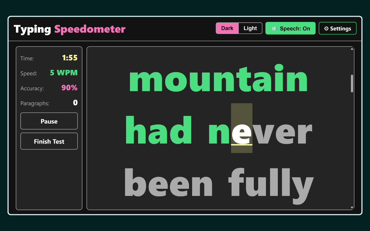 Gameplay screen with a sidebar showing Time 1:55, Speed 5 WPM, Accuracy 90%, Paragraphs 0, and Pause / Finish Test buttons, next to large passage text reading 'mountain had never been fully' with correctly typed letters in green and the current letter highlighted.