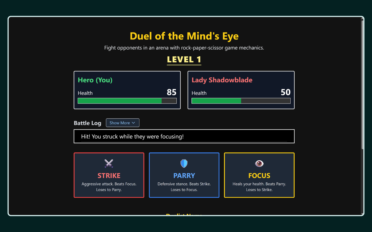 Duel of the Mind's Eye battle screen showing Level 1, Hero at 85 health facing Lady Shadowblade at 50 health, a battle log message reading "Hit! You struck while they were focusing!", and the Strike, Parry, and Focus move buttons.