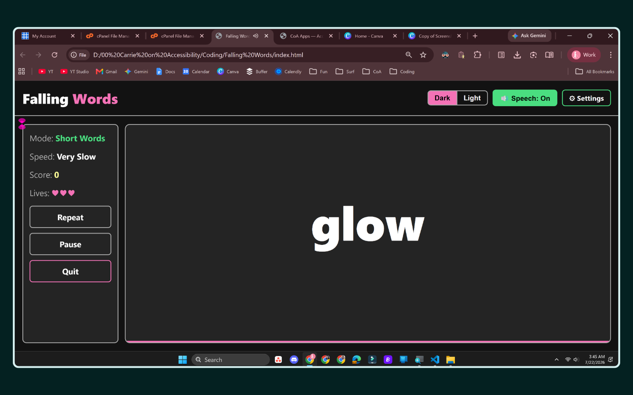 Falling Words gameplay screen showing the sidebar with Mode: Short Words, Speed: Very Slow, Score: 0, and three hearts for Lives, next to Repeat, Pause, and Quit buttons, with the word 'glow' falling in the large canvas area.