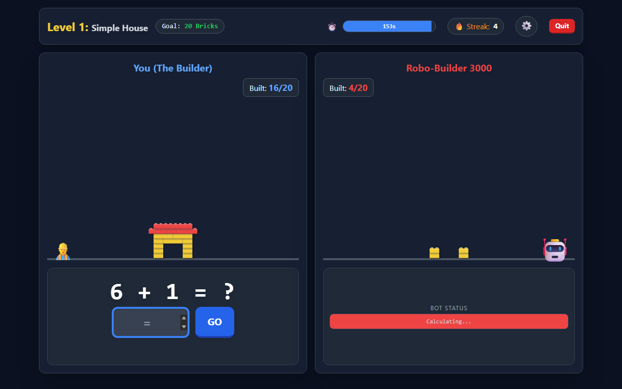 Lego Math Battle gameplay showing Level 1: Simple House, a partially built structure at 16 of 20 bricks against the Robo-Builder 3000's 4 of 20, and the question 6 + 1 with an answer field.