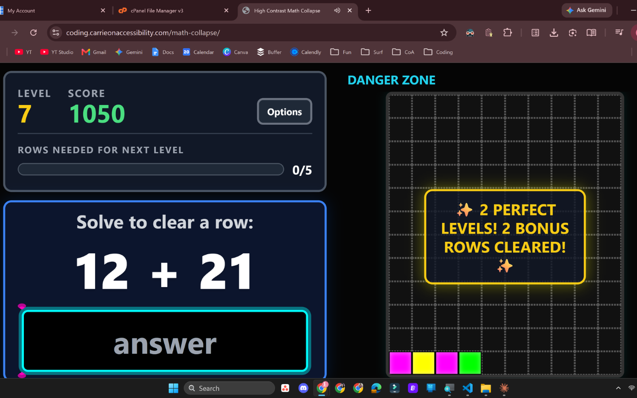 Math Collapse gameplay screen showing the current level, score, a math question to solve, and the Danger Zone grid on the right with a bonus alert for clearing two perfect levels in a row.
